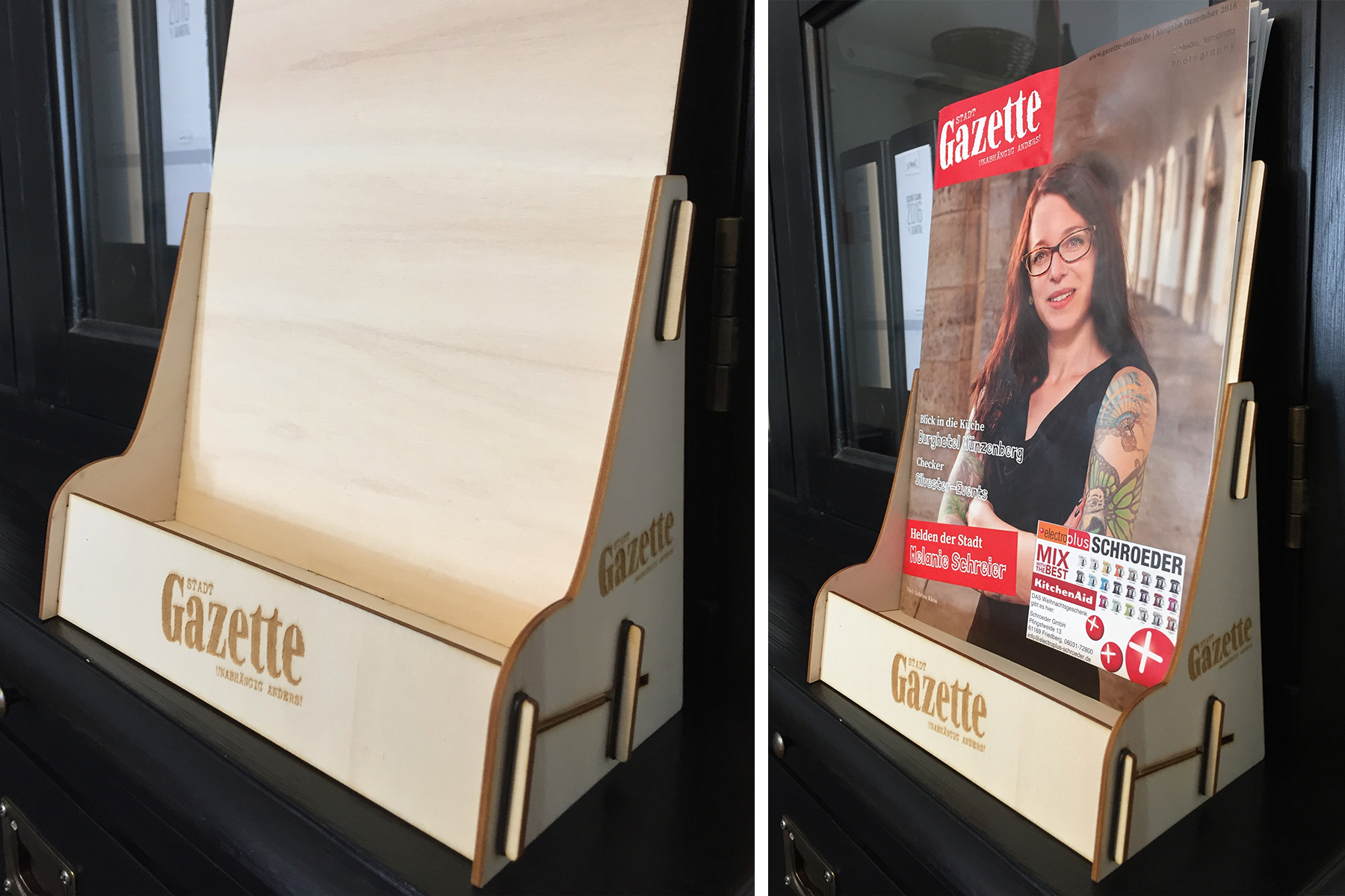 Holzaufsteller Magazin Gazette